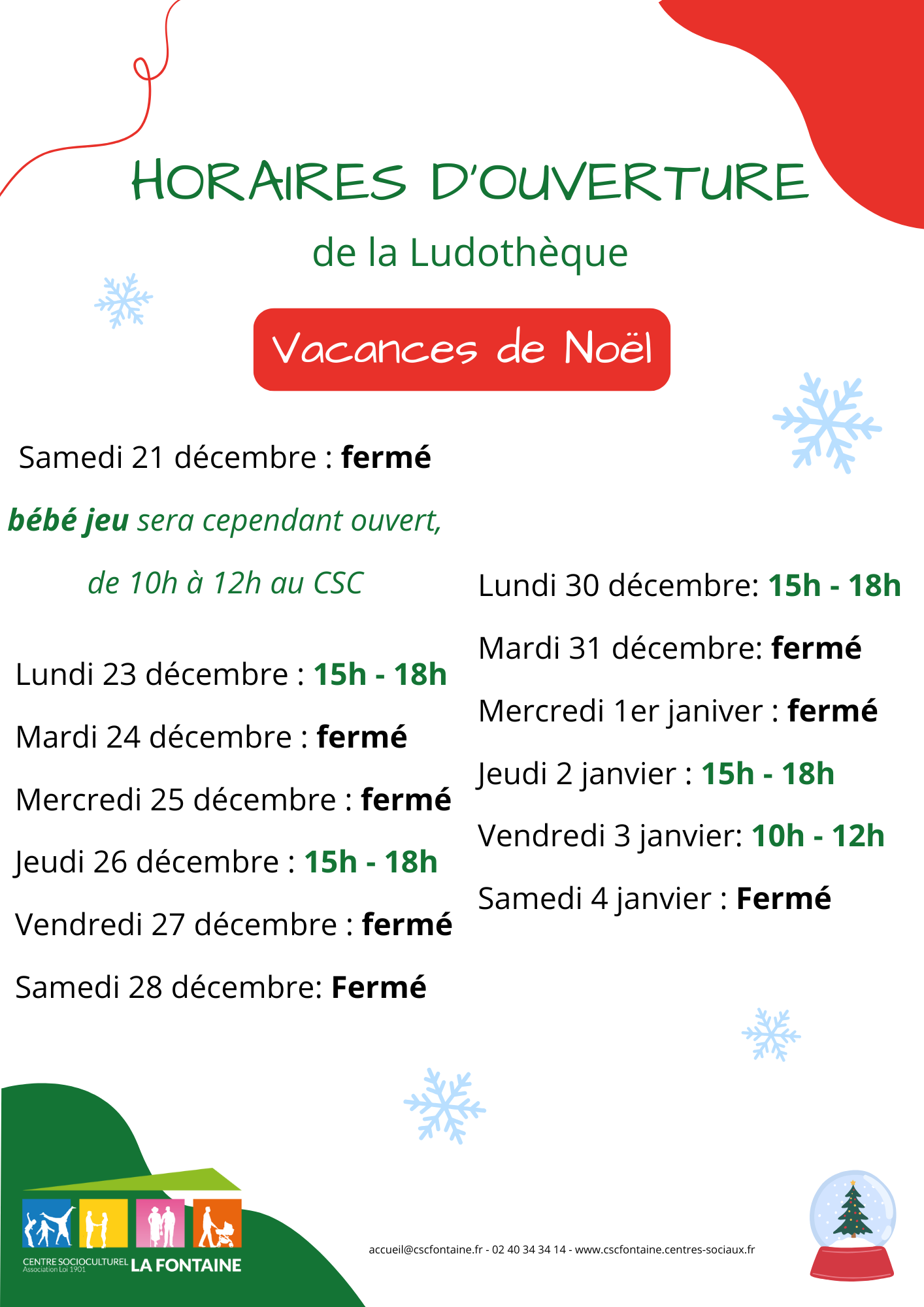 Ludothèque Horaires des vacances de Noël Centre SocioCulturel La